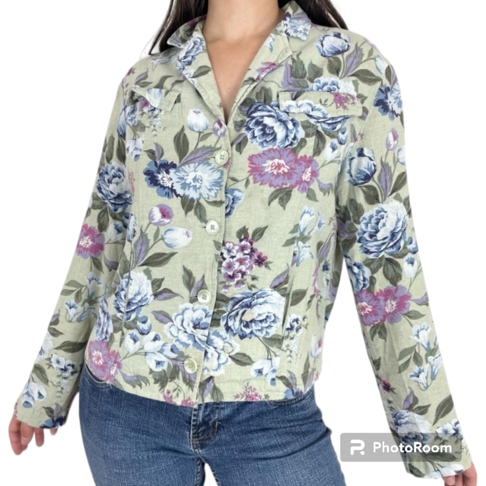 Vintage Y2K White stag Floral Button Up Blouse blazer size XL (16/18)